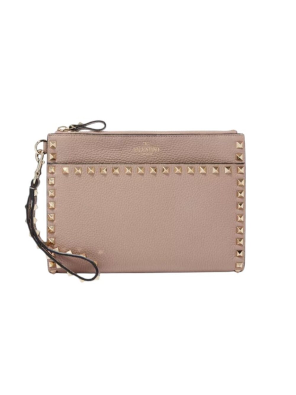 Valentino Garavani Rockstud Flat Pouch Bag Purse Clutch Womens Poudre Leather